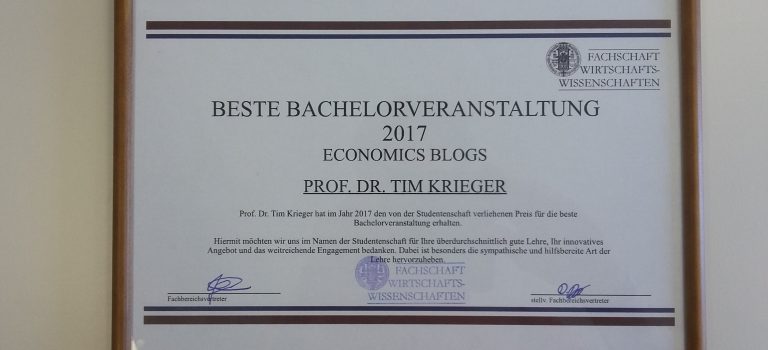 Fachschaftslehrpreis: „Economics Blog“ ist beste Bachelorlehrveranstaltung 2017 Fachschaftslehrpreis: „Economics Blog“ ist beste Bachelorlehrveranstaltung 2017
