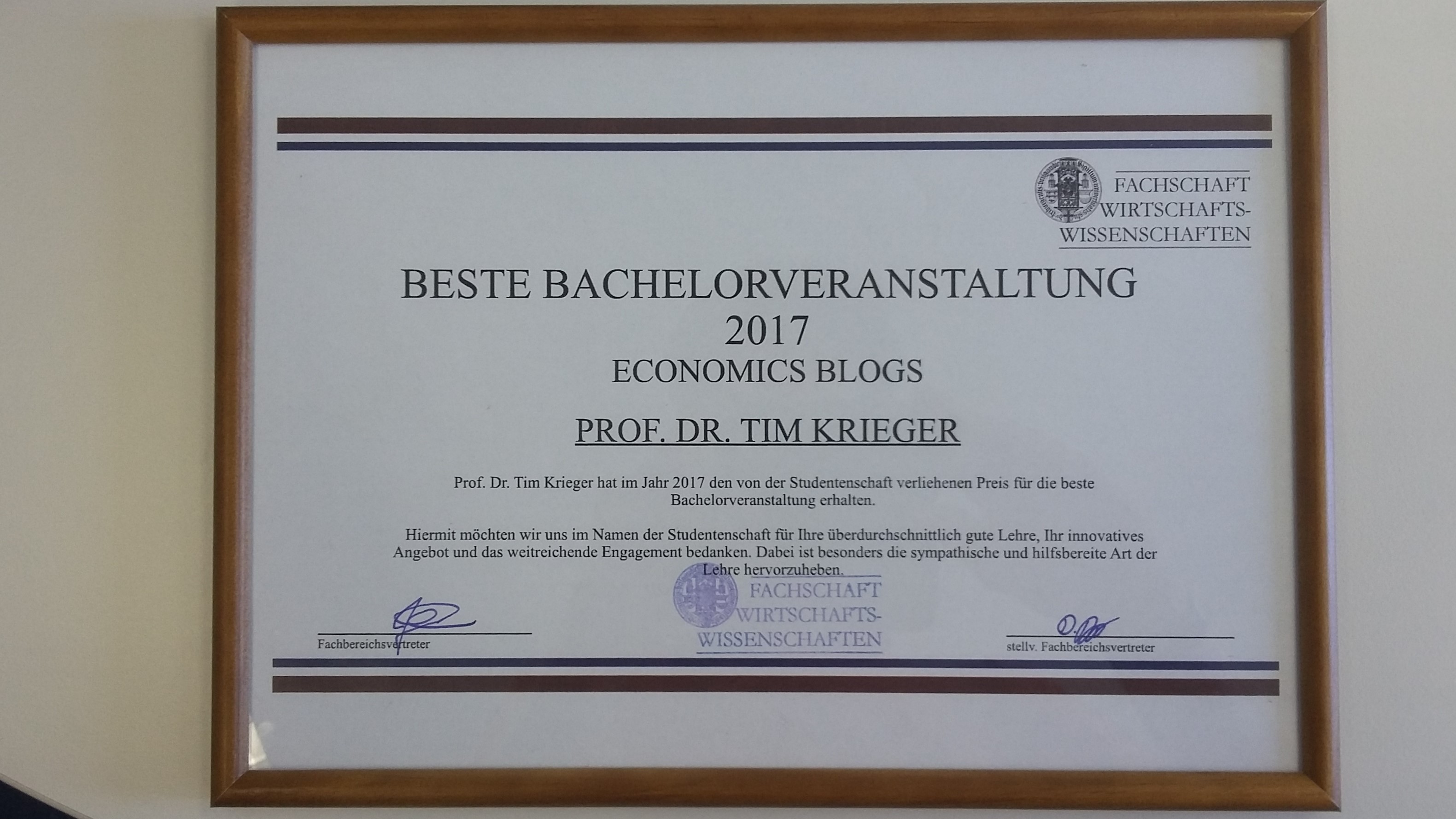 Fachschaftslehrpreis: „Economics Blog“ ist beste Bachelorlehrveranstaltung 2017